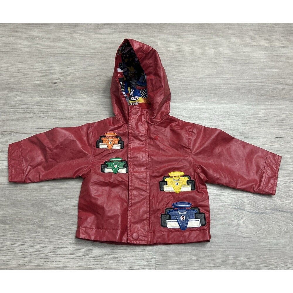 Oshkosh Bgosh Red Hooded Toddler Rain Jacket racing cars vehicles 12 months 12m